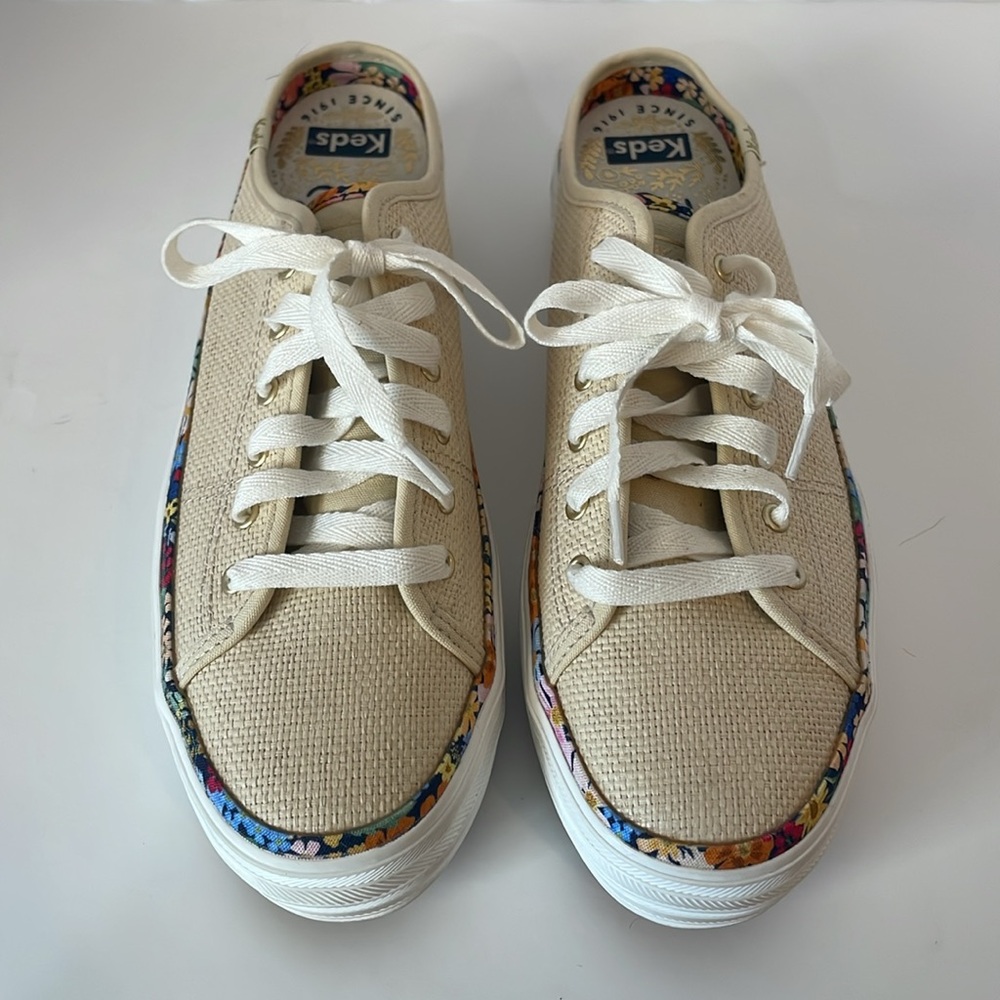 Keds X Rifle Paper Co. Triple Kick Mule in Off White Raffia Woven Floral Trim - Picture 2 of 7